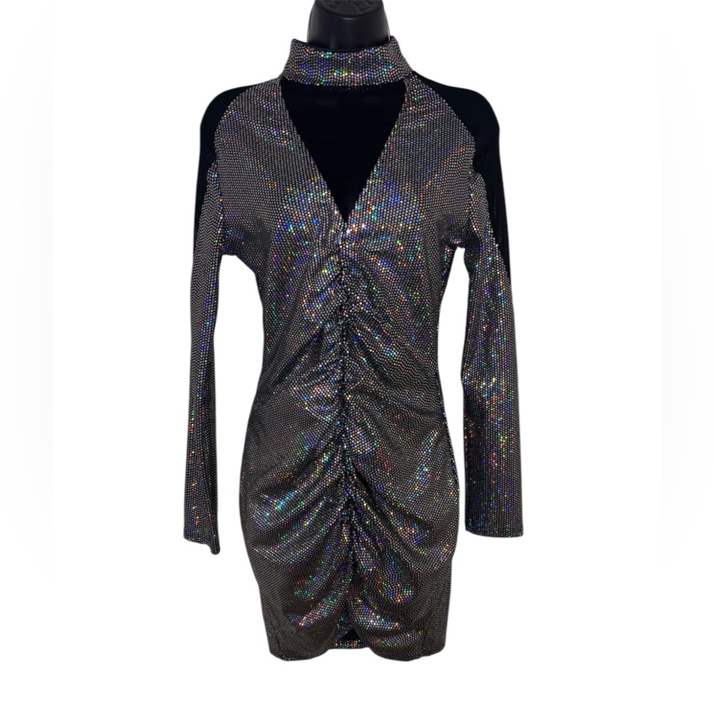 ChicMe Black & Silver Disco Style Long Sleeve Dress Medium NWOT